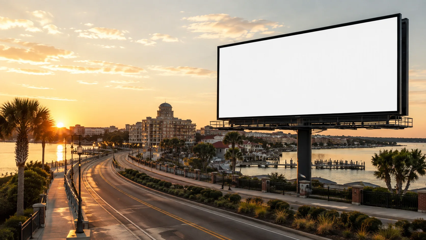Gulf Coast waterfront with a digital billboard at sunset