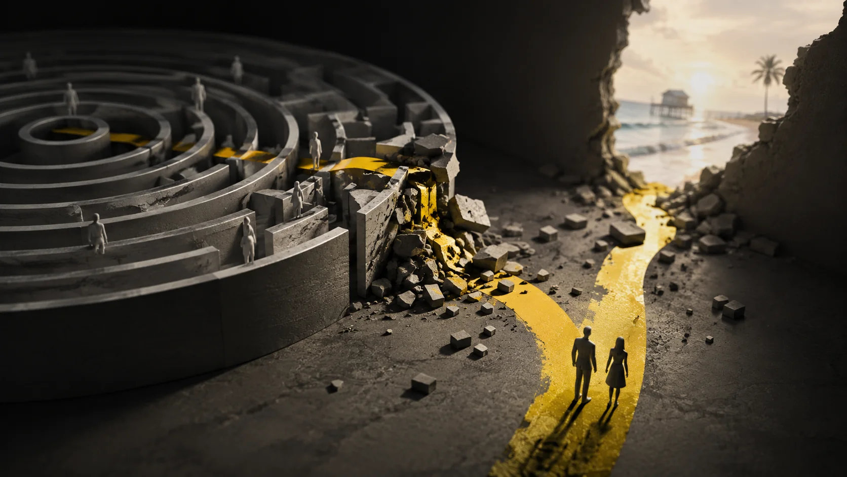 A yellow path breaking through a complex maze